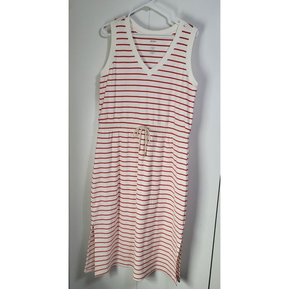 Sonoma White Midi Dress with Red Stripes
